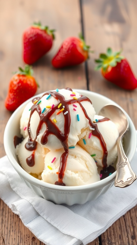 A bowl of vanilla ice cream with chocolate sauce and sprinkles, surrounded by strawberries on a wooden table.
